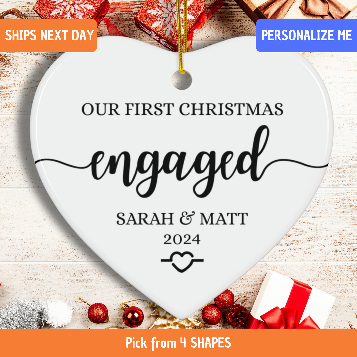 Personalized Engaged Christmas Ornament for Couples Gift for Engagement, Custom First Christmas Keepsake Ornament, Engagement Christmas Gift